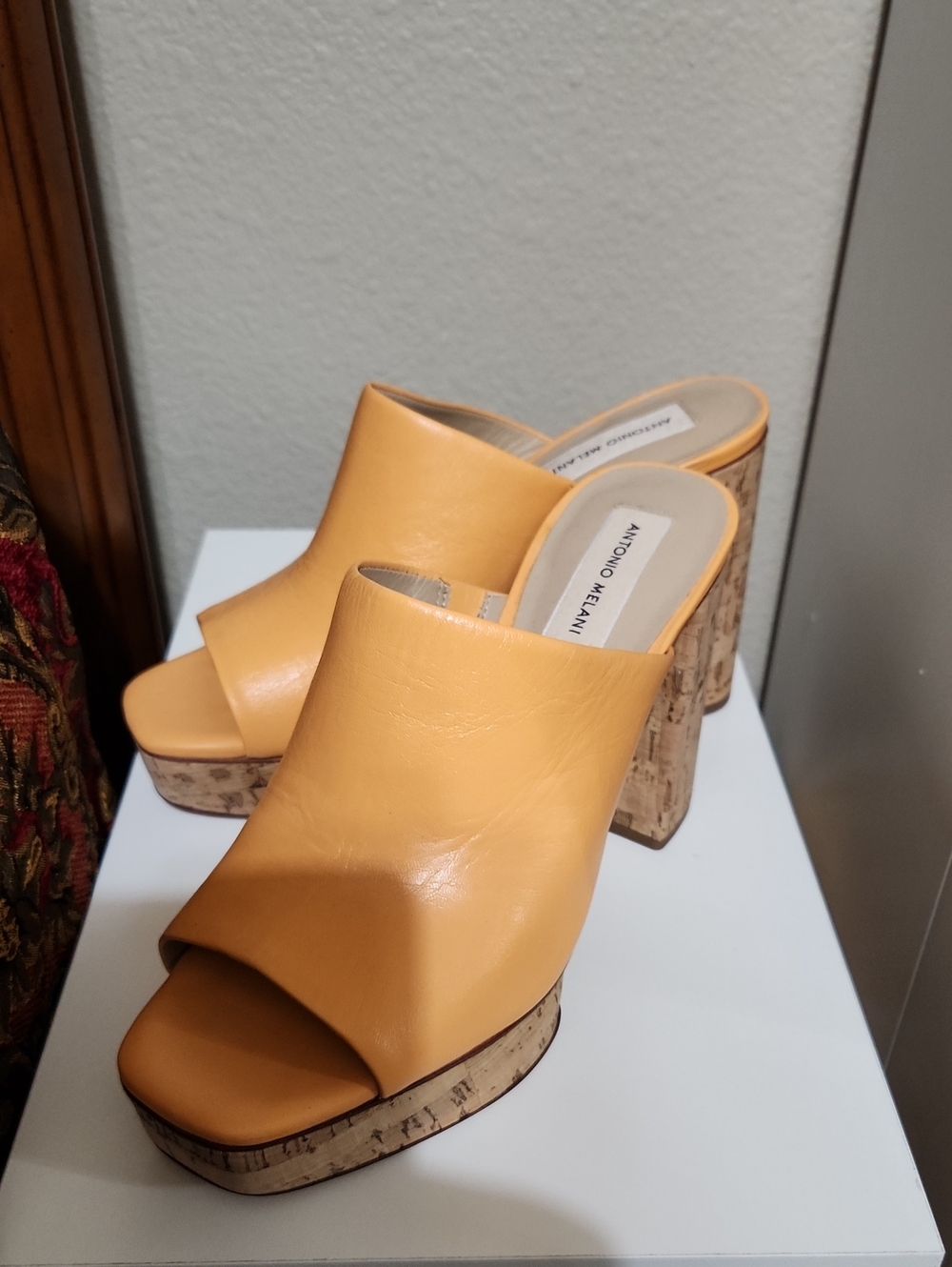 ANTONIO MELANI Peach Colored leather cork platform mules, Size 8 1/2